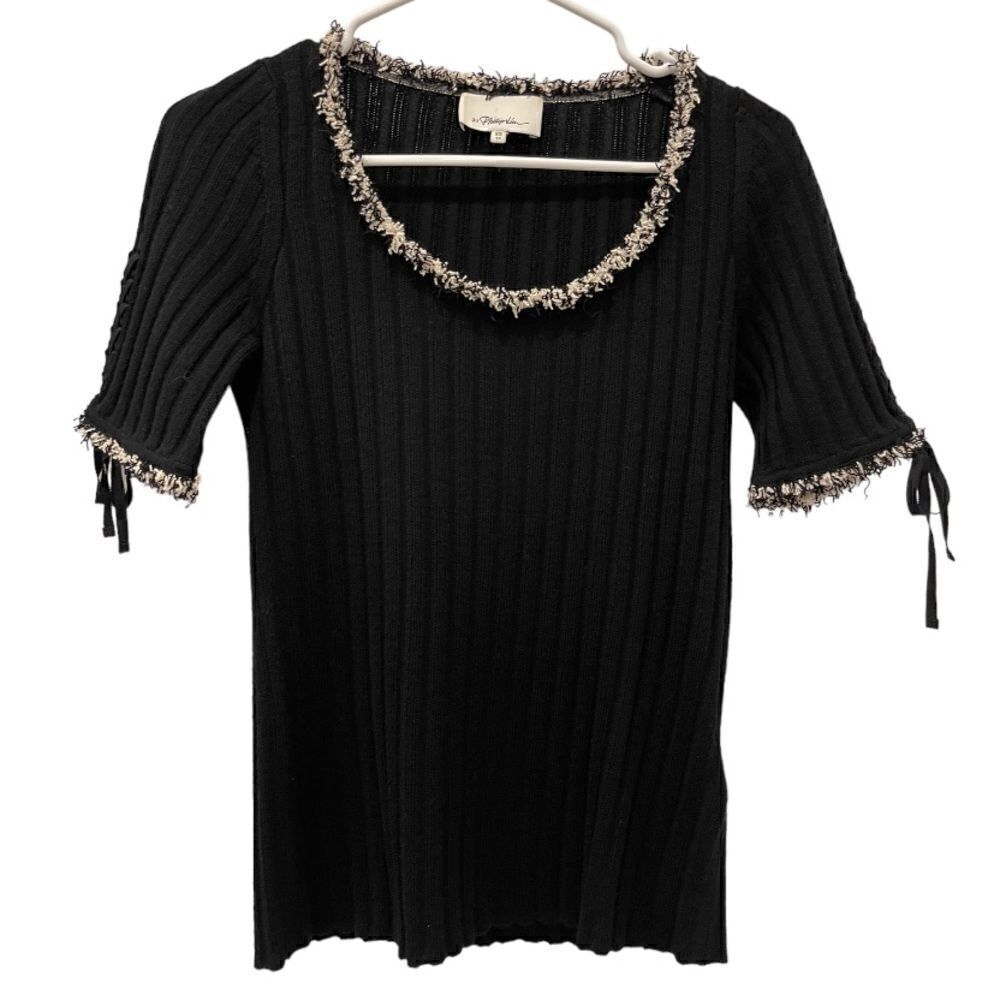 3.1 PHILLIP LIM Black Short Sleeves Wool Ribbed Sweater.Size XS - Picture 4 of 10